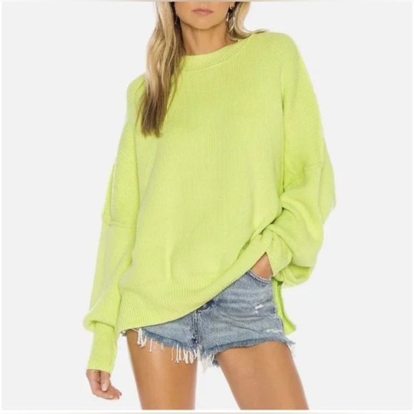 Free People Womens Easy Street Ribbed Knit Tunic Sweater Top Med Citron Green - Picture 5 of 13